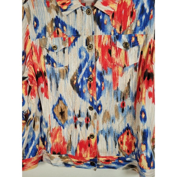 Chico's Sz 3 Linen Blend Jacket Aztec Southwest Button Front 3/4 slv Size 16-18 - Picture 5 of 6